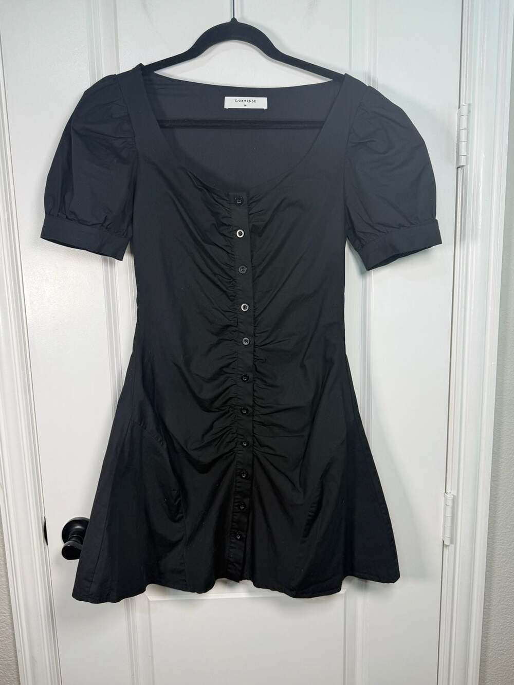 Commense Black Puff Sleeve Button-Up Ruched Mini Dress Size M - Picture 4 of 8